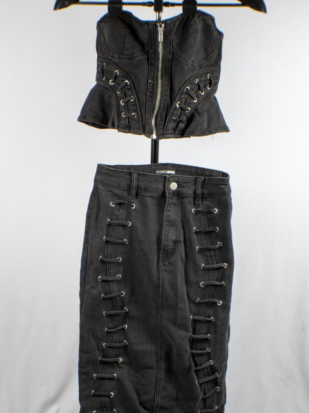 Fashion Nova Take Control Black Denim Corset Skirt Set XS NWT